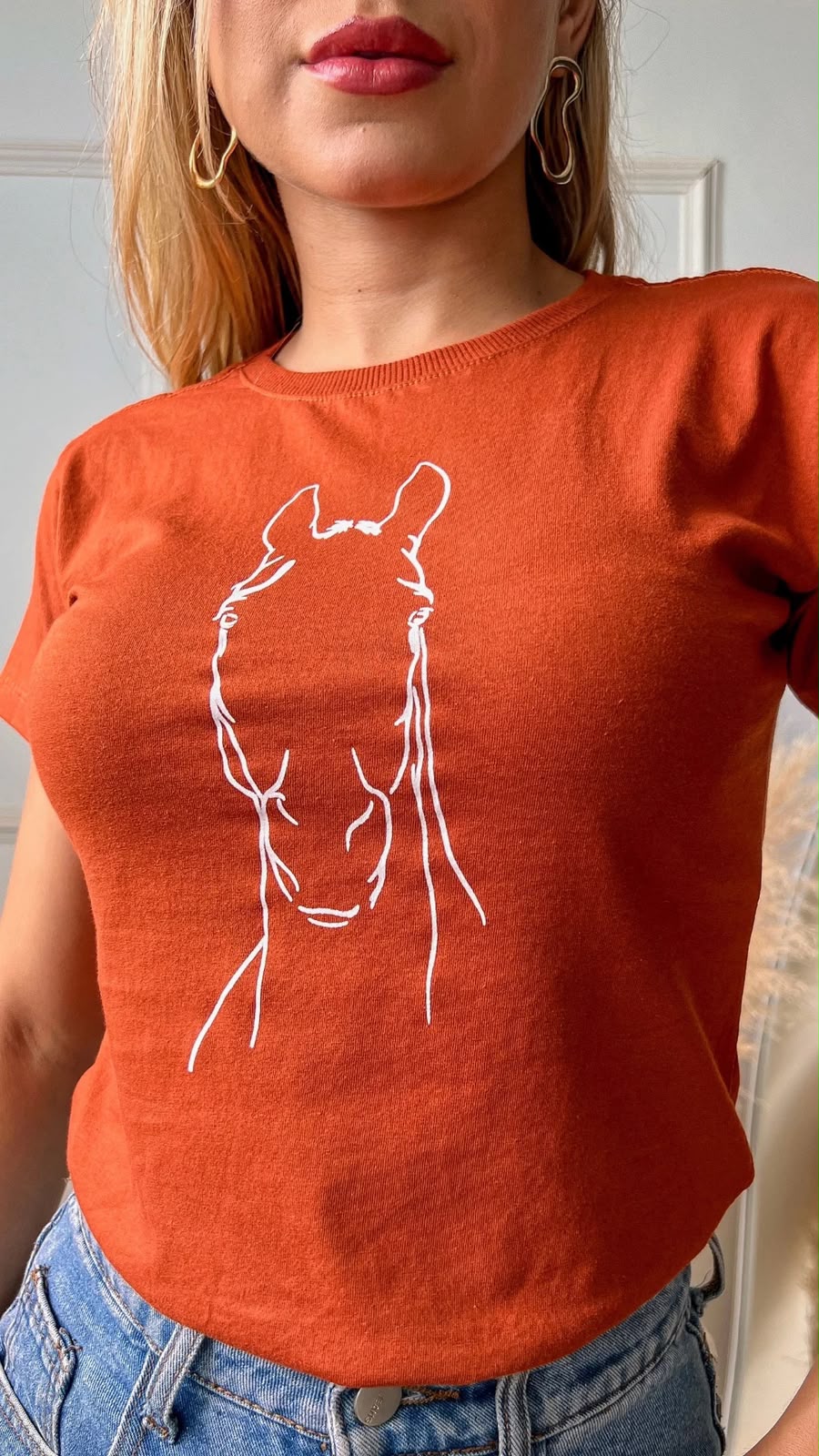 T-SHIRT NO ALGODÃO GOLA NA RIBANA CAVALO RISCOS